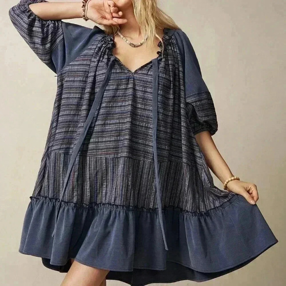 Multicolor Cute Women's Vacation Contrast Striped Ruffle Hem Tie Neck Dress - Picture 3 of 8